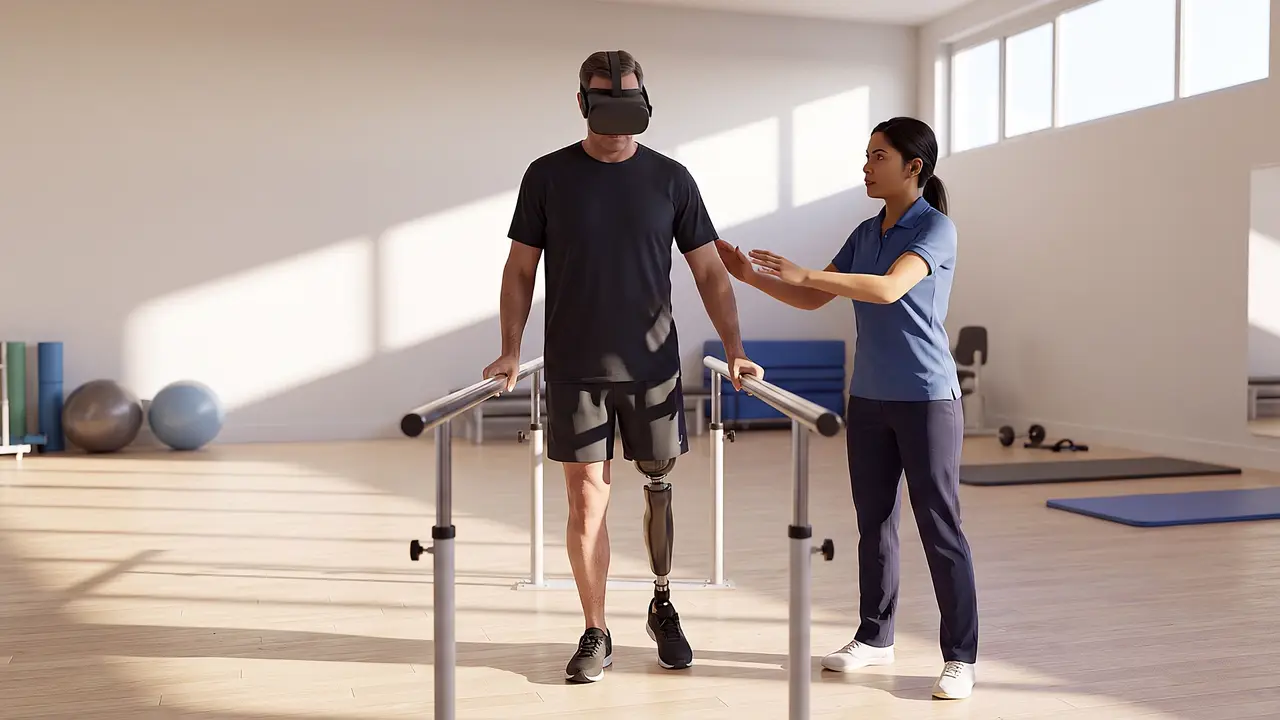 A rehabilitation gym session, one of the recreated Mater settings.