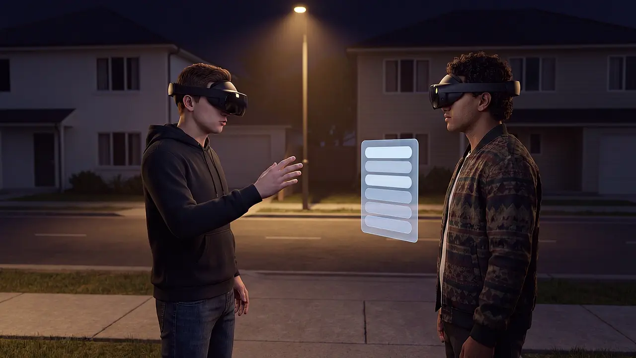 Justice and community services. A street scene, from inside the simulation: two young men in headsets face each other under a streetlight, a prompt panel floating between them.