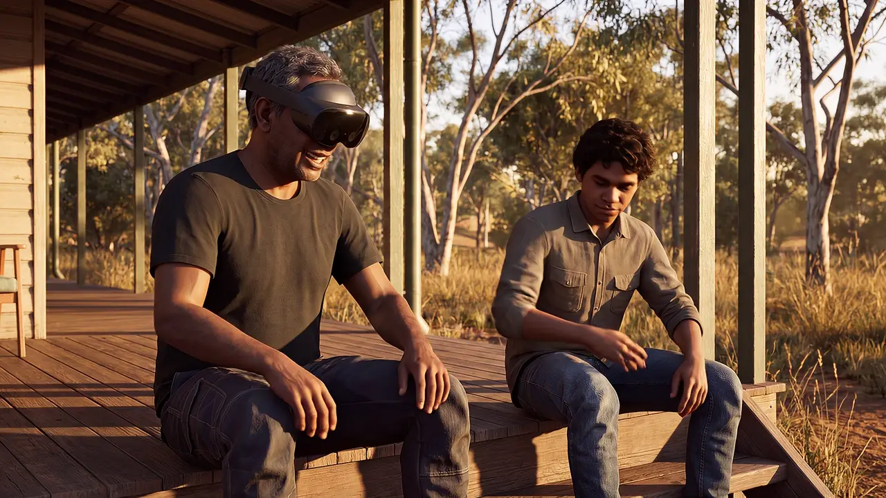 A simulated outdoor community space in late afternoon, a shaded verandah and gum trees, where a mentor and a young man sit a little apart on the same step.