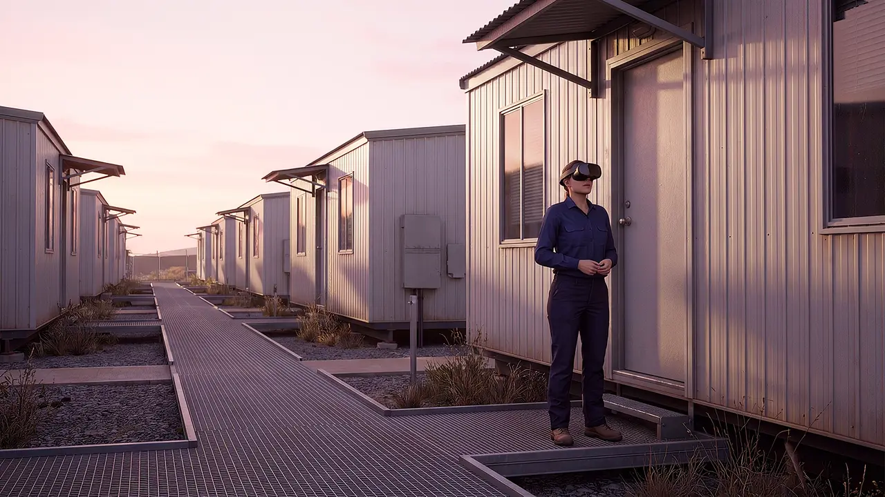 Mining and resources. A FIFO camp at dawn: a worker wearing a headset walks the donga walkway between rows of site accommodation.