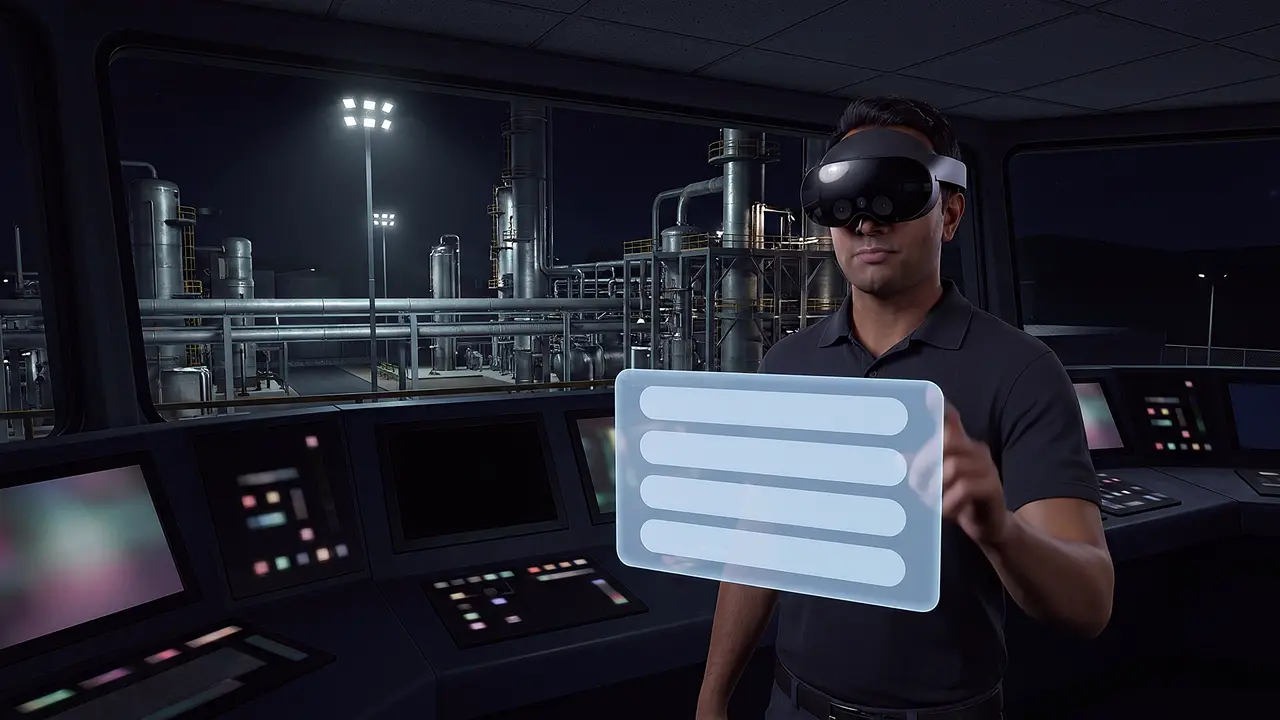 Inside the simulation: a person wearing a mixed-reality headset stands facing the viewer beside dark glowing consoles, a window onto floodlit plant structures at night.