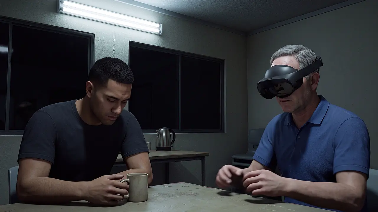 Two men at a crib-room table under a single tube light, one holding a mug, one wearing a headset.