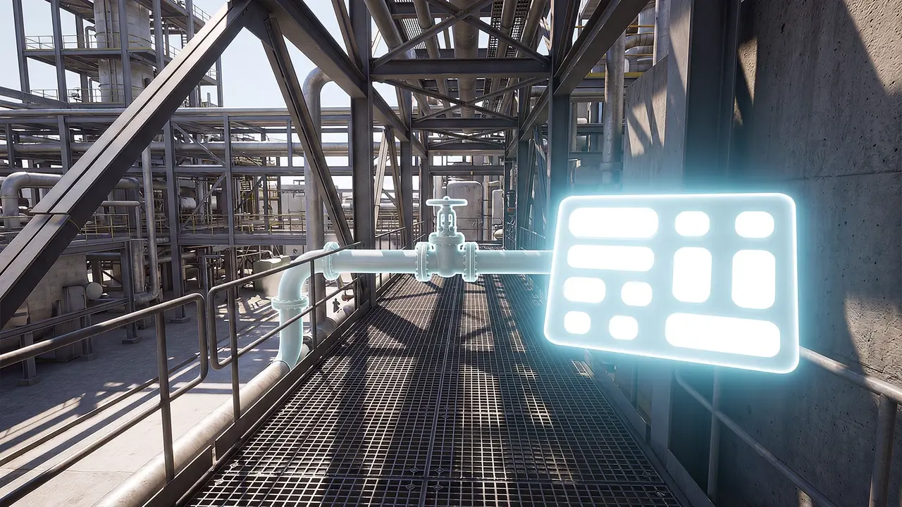 Inside the simulation: a first-person walk through a processing plant, a hazard highlighted ahead by a soft blue outline.