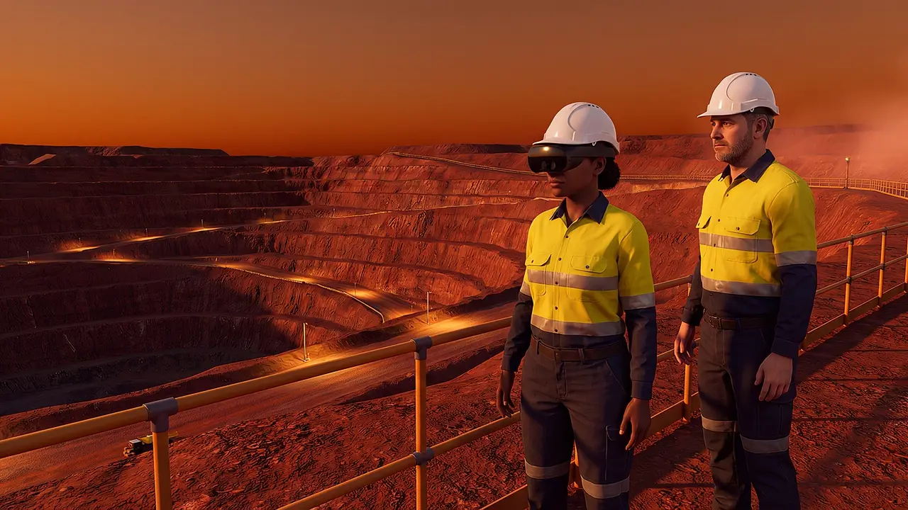 A simulated open-cut mine pit at dusk, terraced red walls and haul road lights coming on, with two people standing behind a barrier near the pit edge.