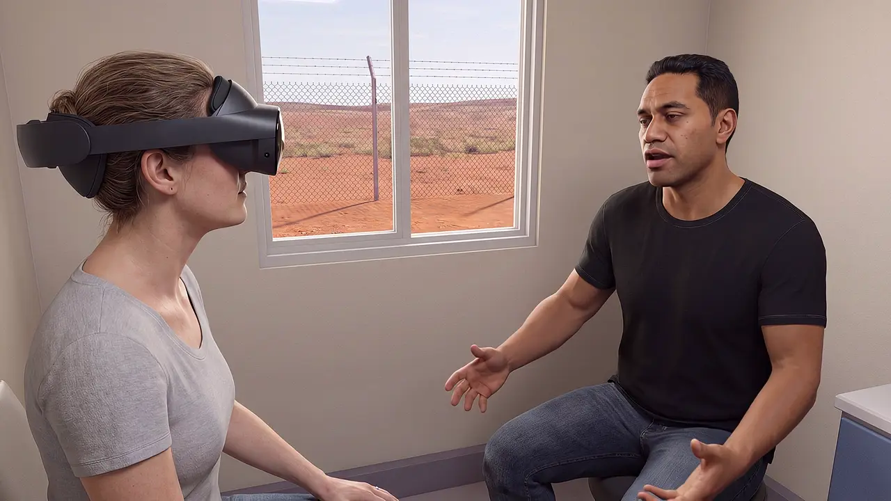 A woman in a headset sits across from a man mid-sentence in a remote clinic room, red earth and a wire fence through the window.