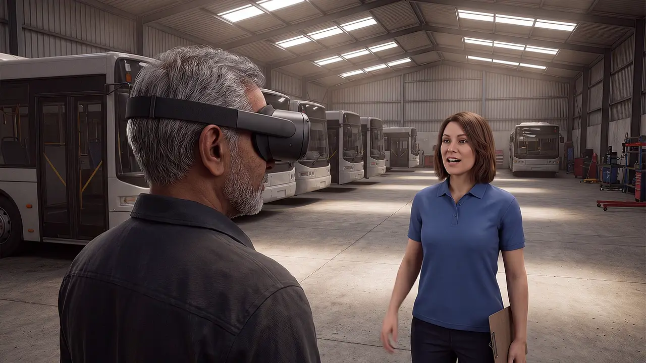 A simulated bus depot, rows of plain buses under a high roof, dusty light through skylights. An older driver wears the headset; a supervisor faces him with a clipboard.