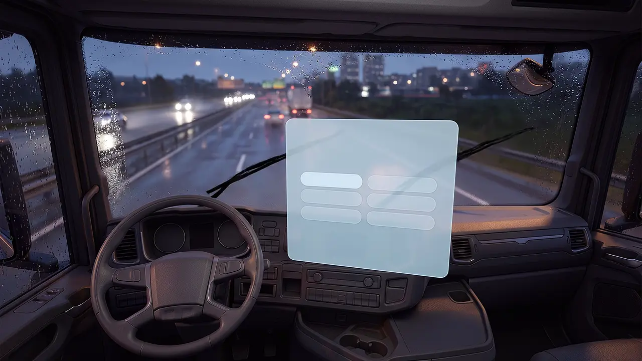 Transport and logistics. A driver's cab, from inside the simulation: rain streaks the windscreen as traffic queues ahead, a prompt panel floating on the dash.