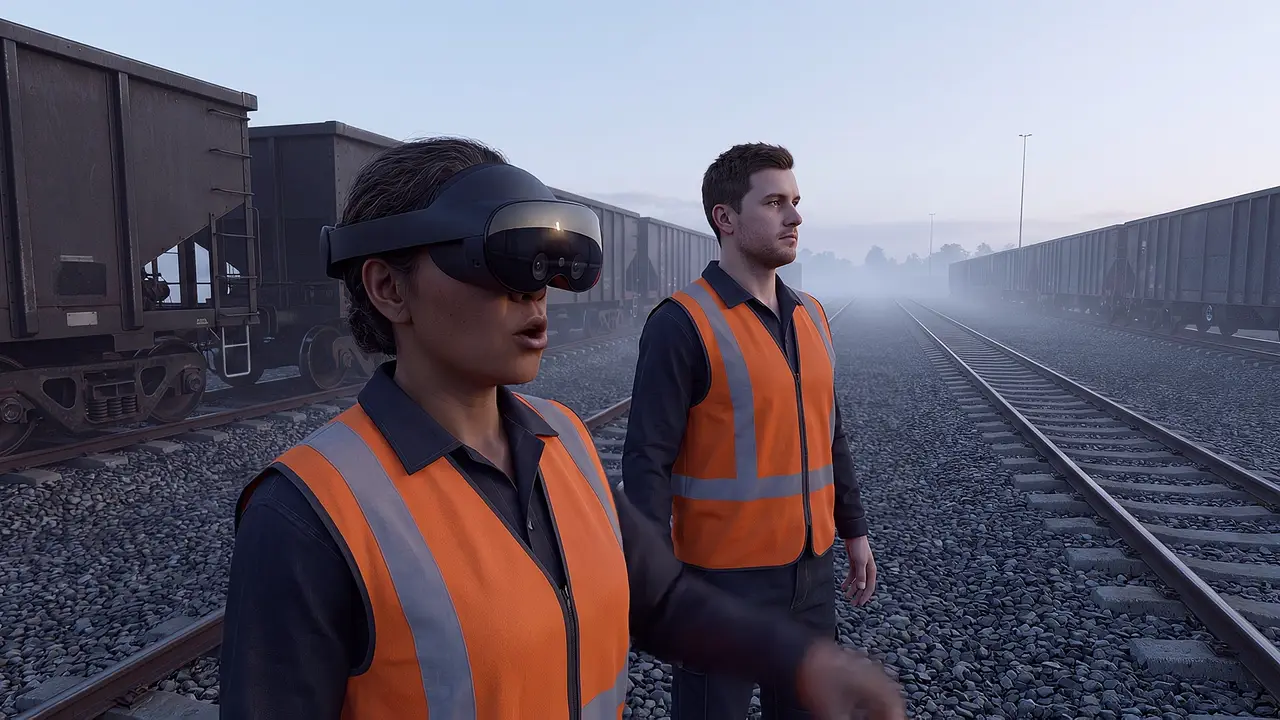 A simulated rail maintenance yard at dawn, plain rolling stock and gravel ballast in cold flat light, where two crew stand together beside the track.
