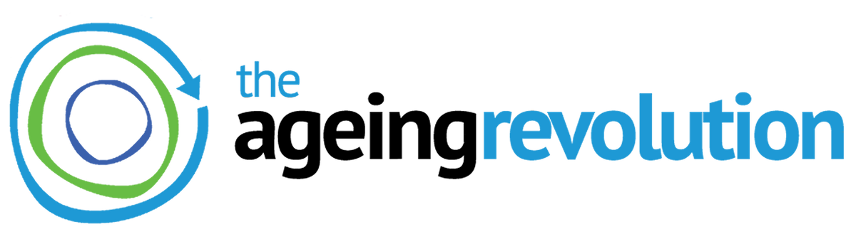 The Ageing Revolution logo: a blue arrow curving into a full circle around a green ring and a blue oval, beside the words the ageing revolution.