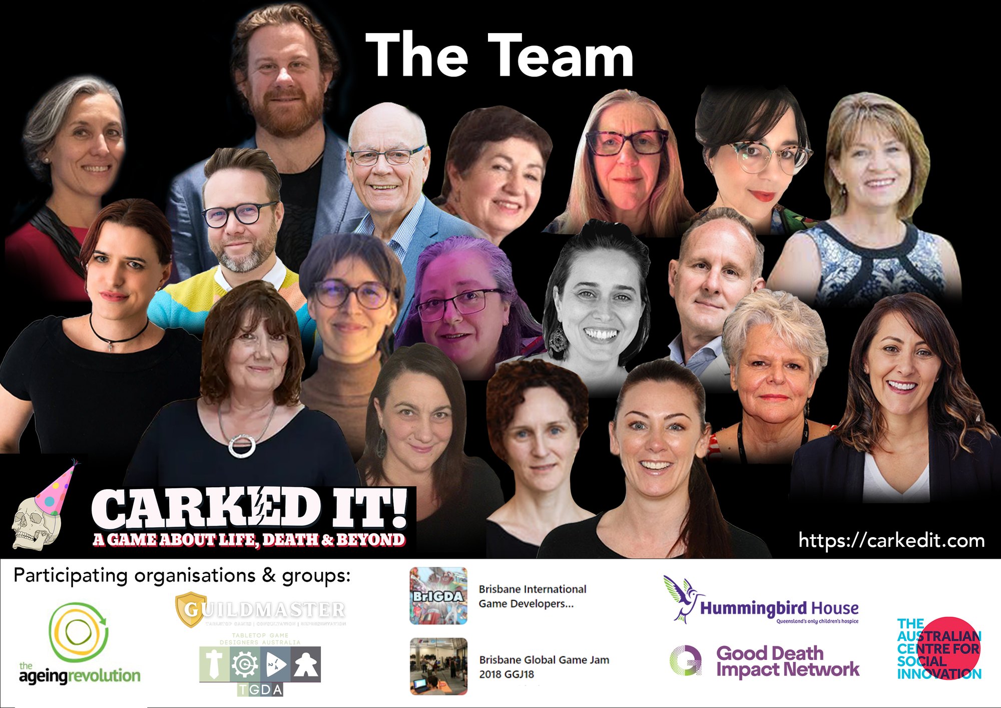 The team board from the award entry: a grid of portrait photographs above the logos of the participating organisations, including The Ageing Revolution, Guildmaster, Hummingbird House, the Good Death Impact Network and the Australian Centre for Social Innovation.