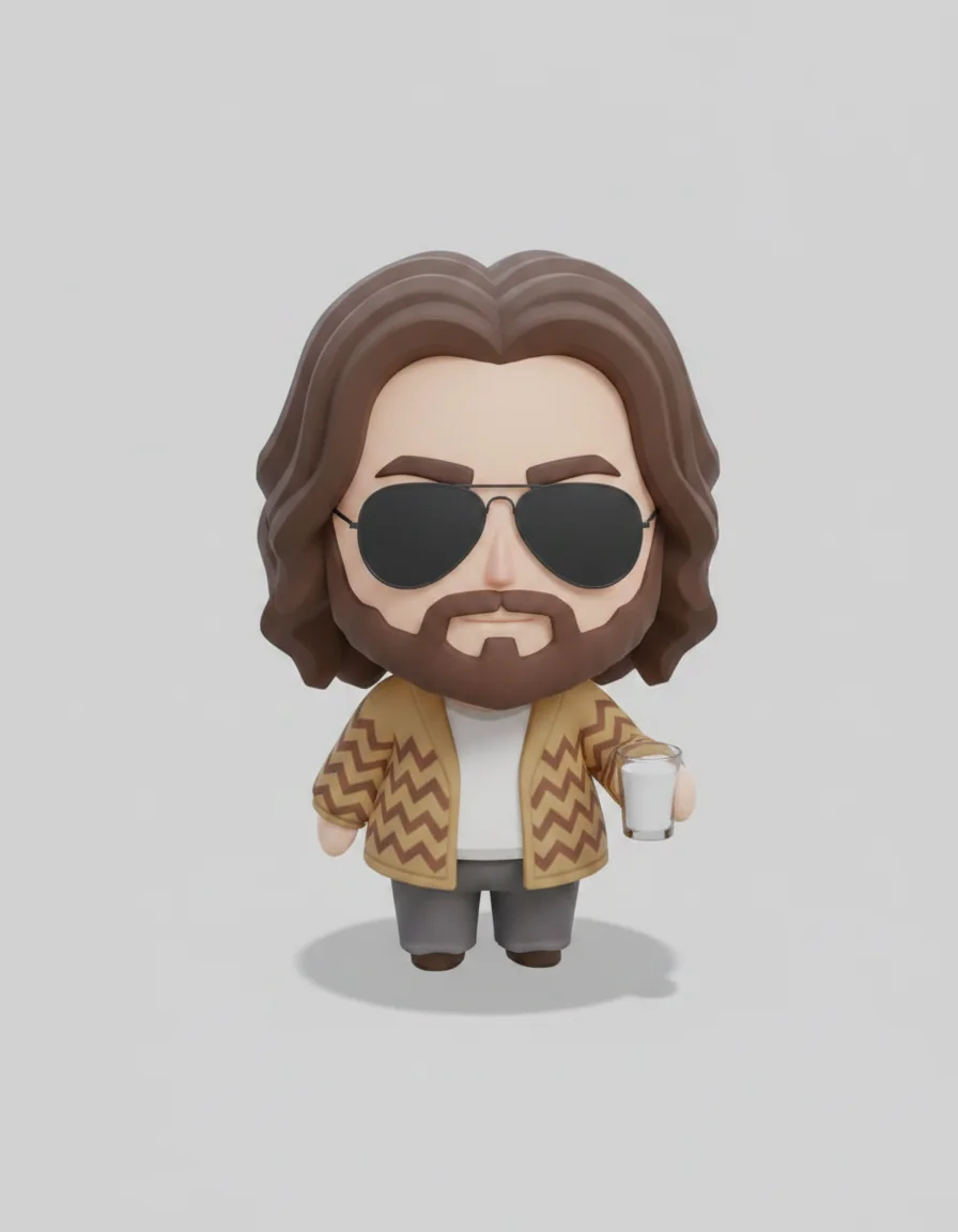 A chibi character of Simon Lowe in sunglasses and a patterned coat, standing with a cup in hand.