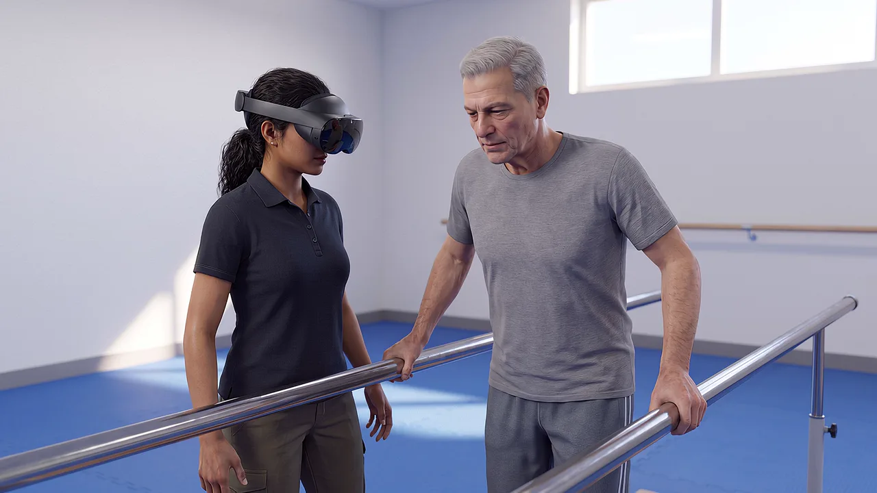 A VR aged care and disability services training scenario in which a physiotherapist stands beside an older man holding parallel bars in a gym.