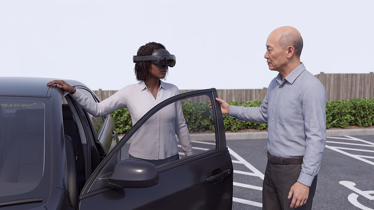 A carer wearing a headset stands by an open car door as an older man approaches across a car park.