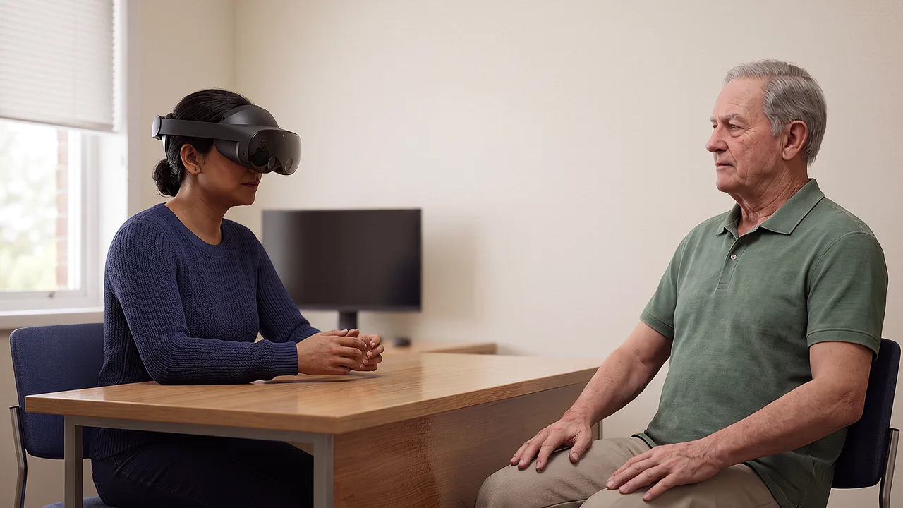 A case manager leans toward an older man. A VR training scenario for aged care and disability services.