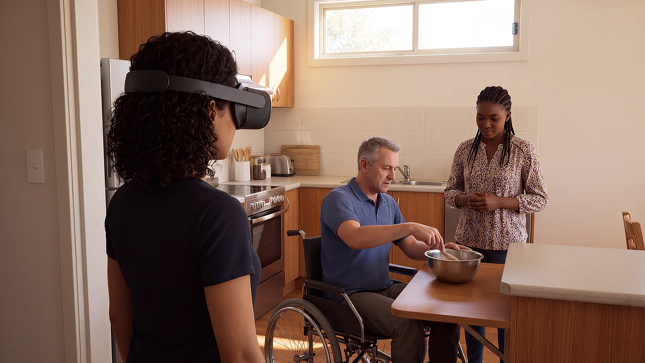 A wheelchair user demonstrates cooking to a woman. A VR training scenario for aged care and disability services.