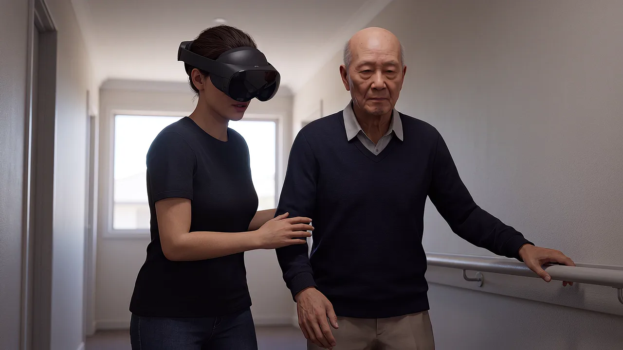 A VR aged care and disability services training scenario in which a care worker walks beside an older man holding a handrail in a corridor.