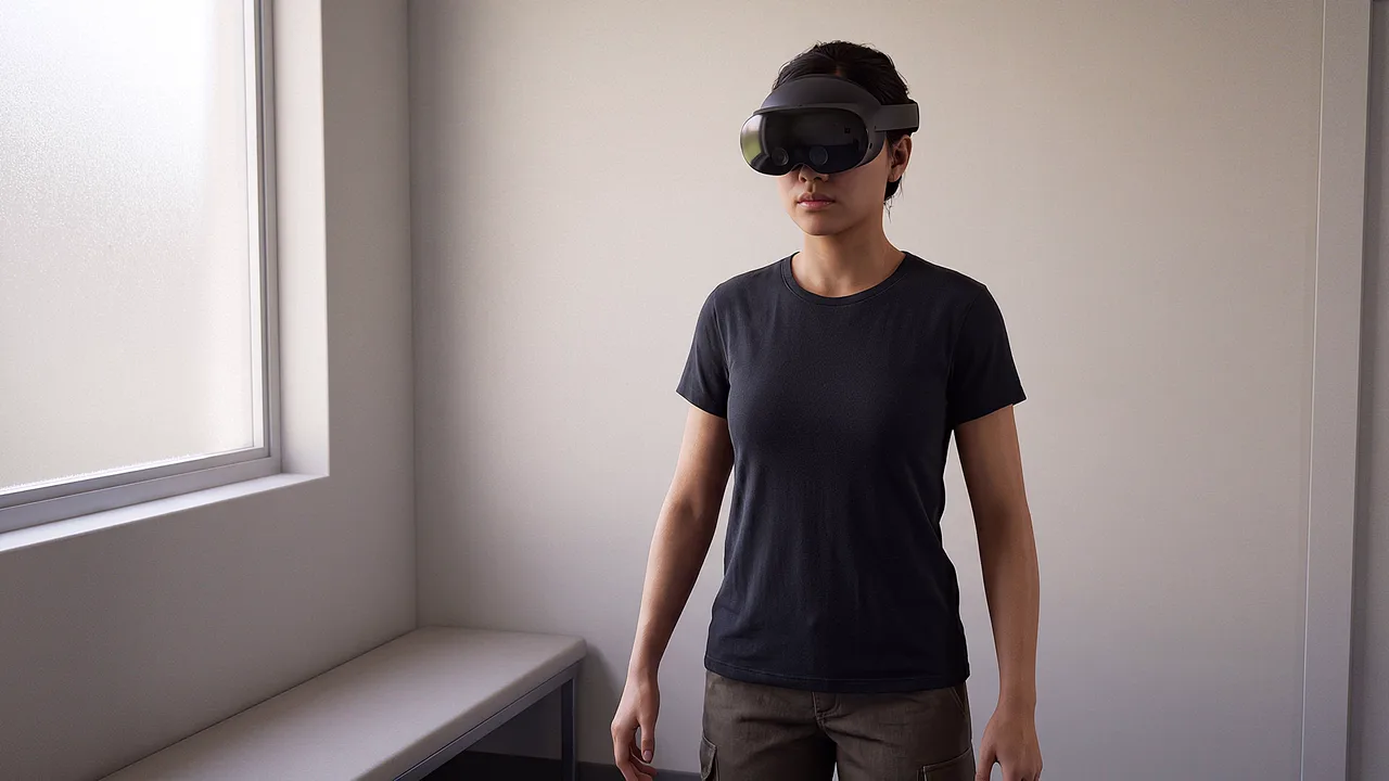 A VR aged care and disability services training scenario in which a young support worker stands alone in a staff alcove.