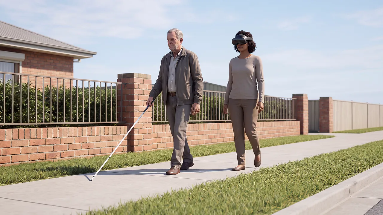 A therapist wearing a headset walks behind a white cane user along a suburban footpath.