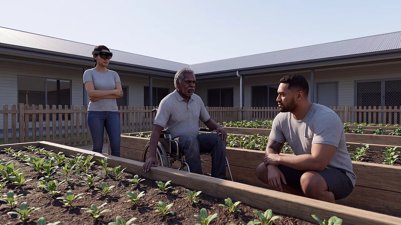 A wheelchair user leads the planting lesson. A VR training scenario for aged care and disability services.