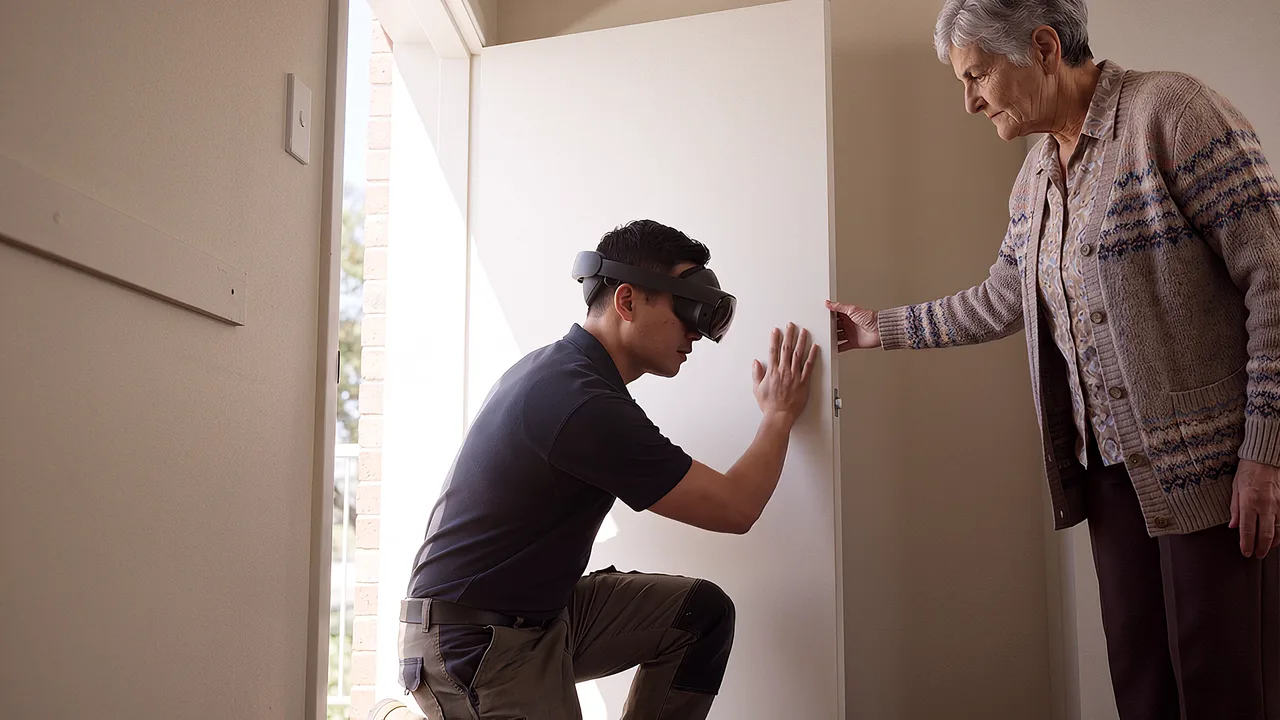 A homeowner watches a therapist wearing a headset measure a doorway for a handrail.