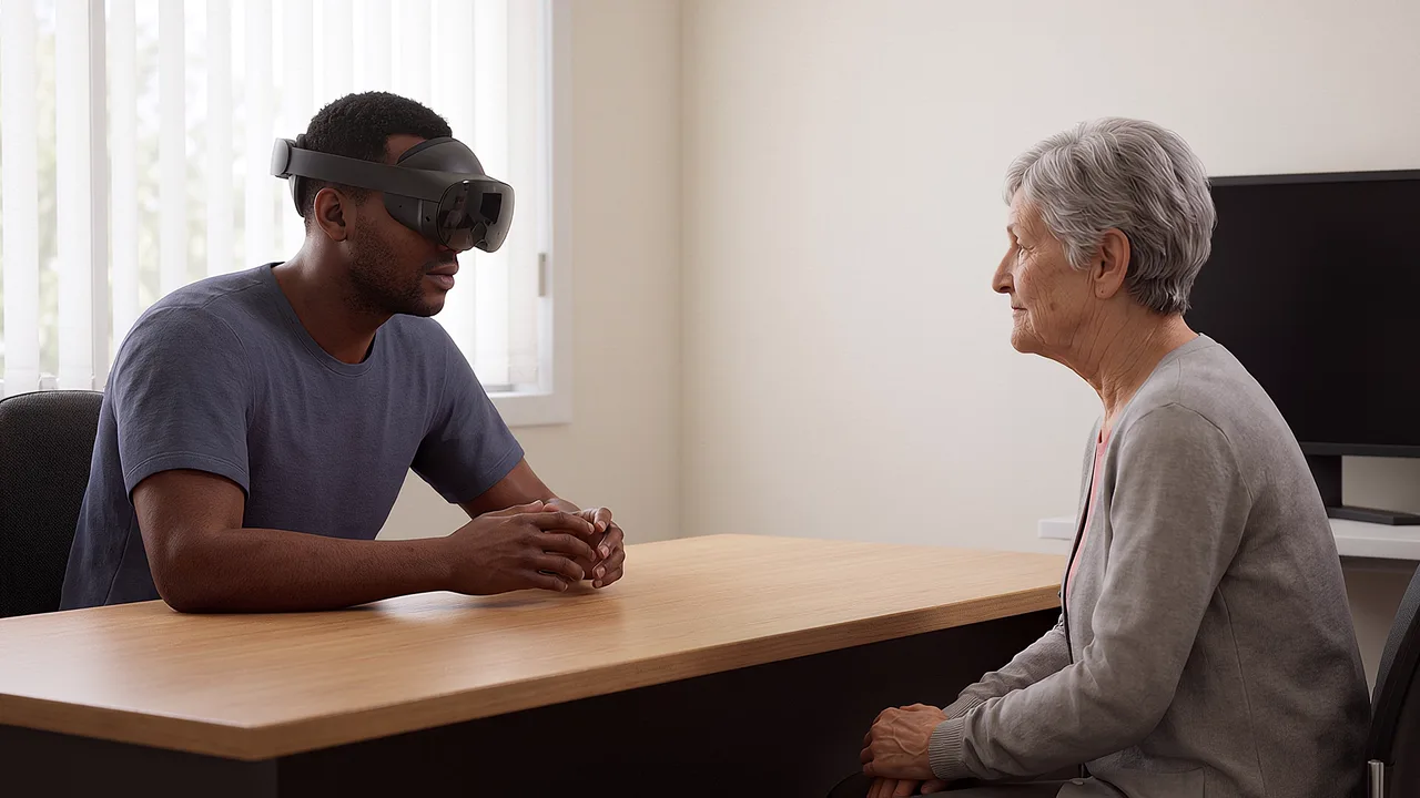 The clinician leans in; an older woman listens. A VR training scenario for aged care and disability services.