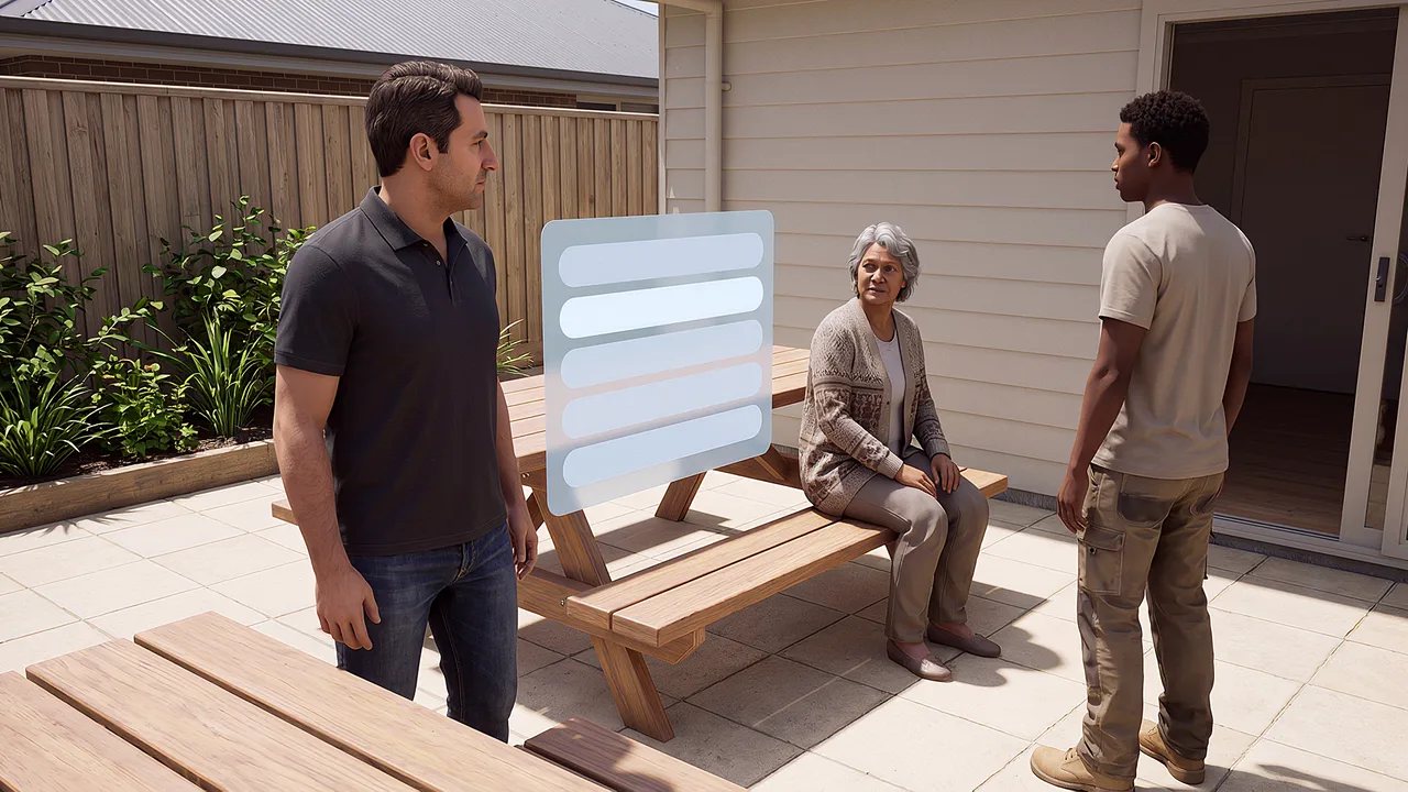 Three people gather around a courtyard table. A first person VR training scenario for aged care and disability services, seen through the headset.