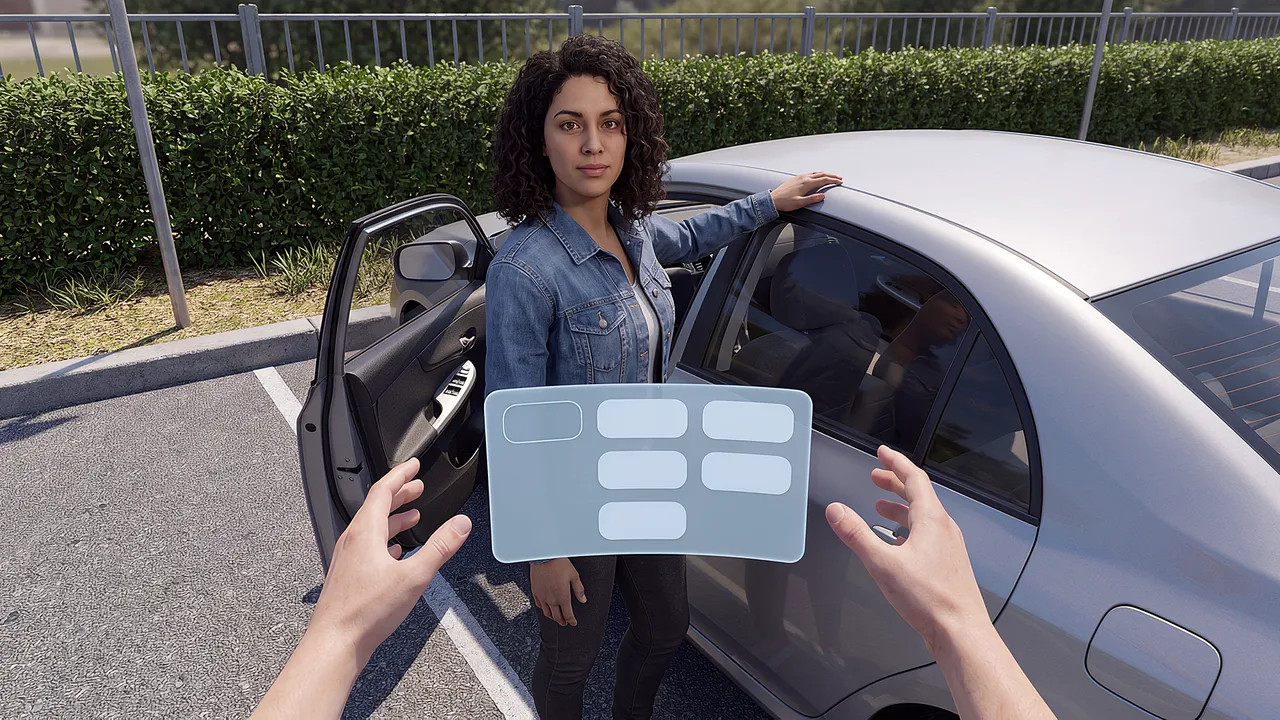 A woman stands in an accessible car park bay beside a car, seen through the headset.