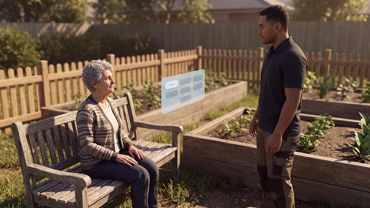 An older woman sits near a younger man on a garden bench, seen through the headset.
