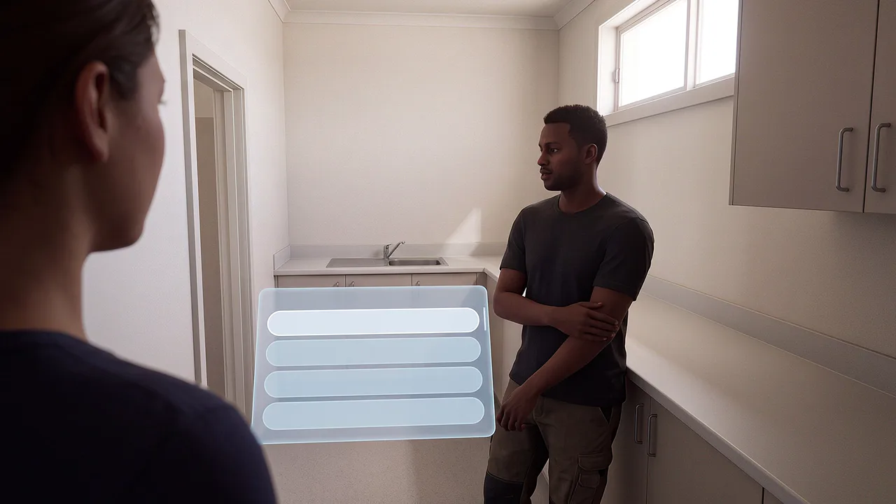 A VR training scenario in which a man stands by the counter of a small kitchenette beside a floating panel of choices, seen over the shoulder of the person in the headset.