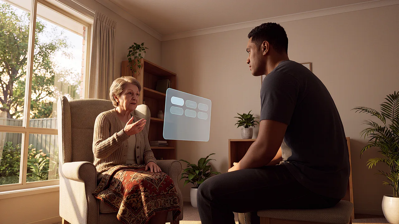 An older woman speaks to a seated visitor. A first person VR training scenario for aged care and disability services, seen through the headset.