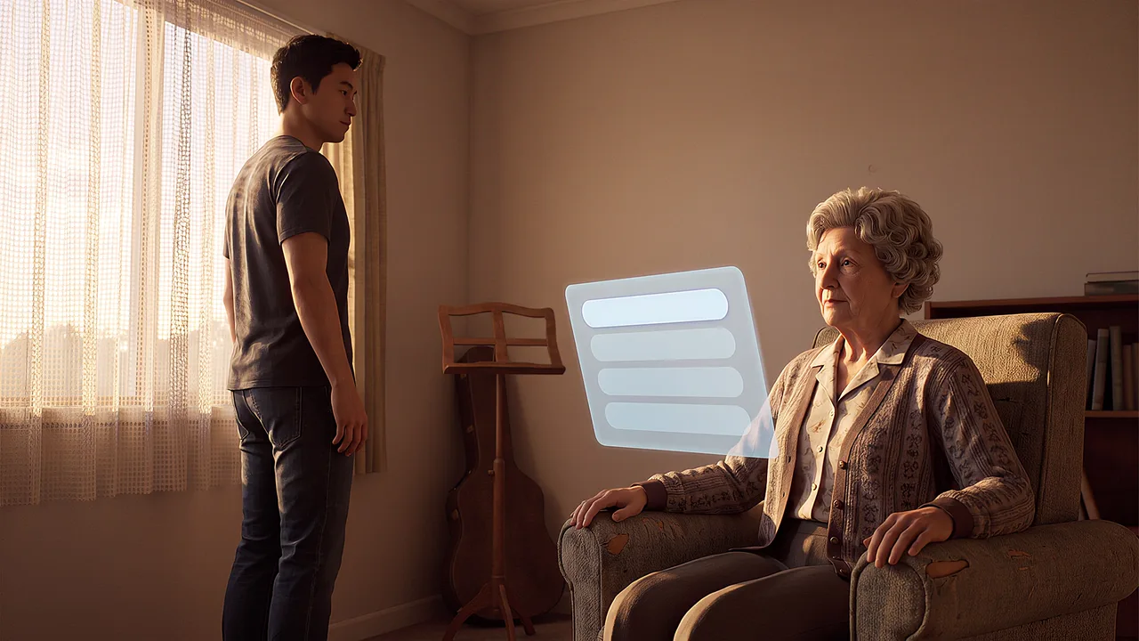 A younger man stands near an older woman. A first person VR training scenario for aged care and disability services, seen through the headset.