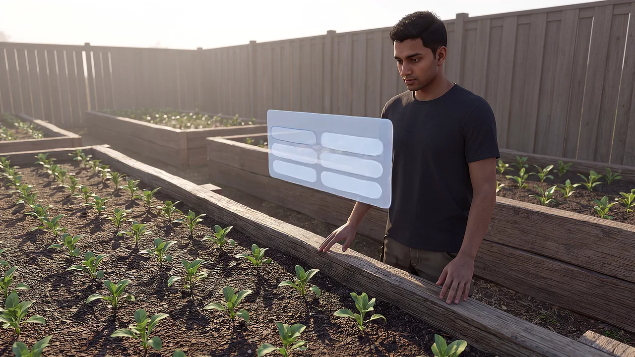 A young man stands by the garden bed. A first person VR training scenario for aged care and disability services, seen through the headset.