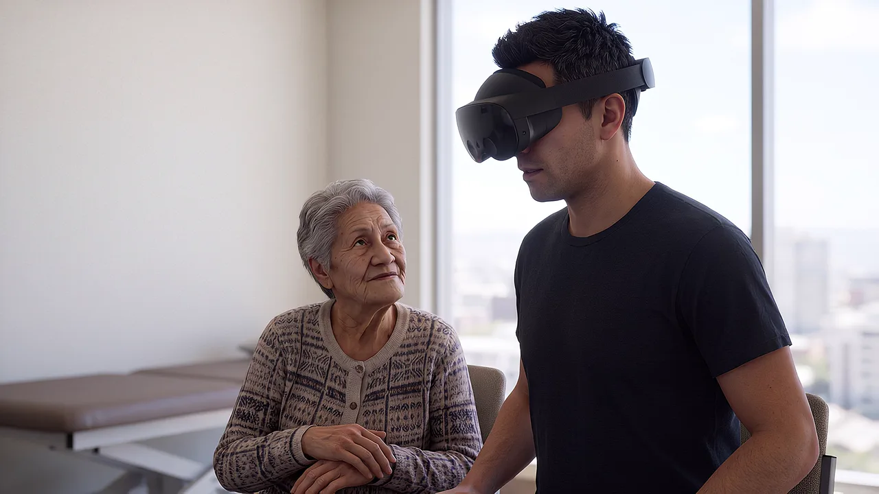 A podiatrist crouches beside a seated older woman. A VR training scenario for aged care and disability services.