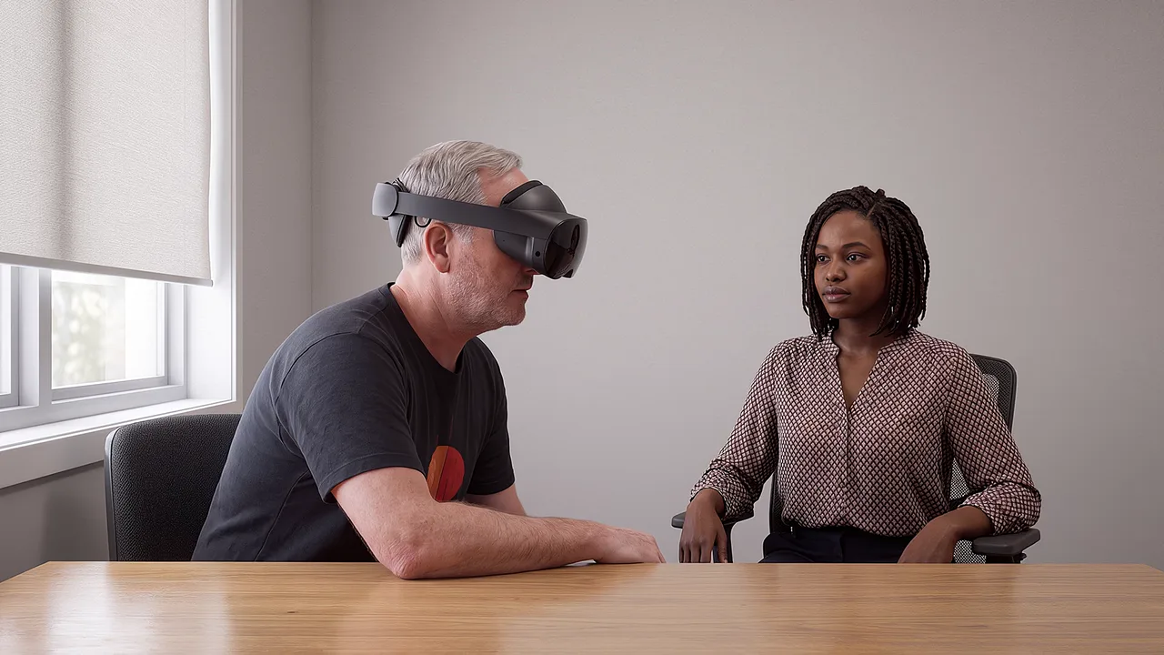 A VR aged care and disability services training scenario in which a support coordinator leans forward at a desk while a young participant answers.
