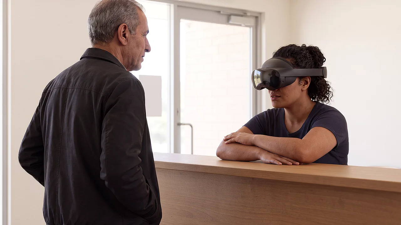 A receptionist wearing a headset leans over the desk while an older man waits at the counter.