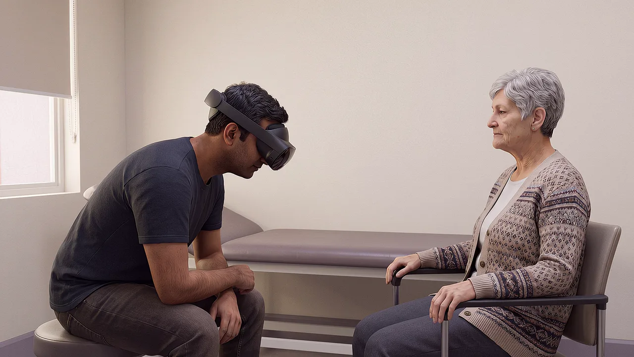 A physiotherapist wearing a headset leans toward a seated older woman in a recliner.