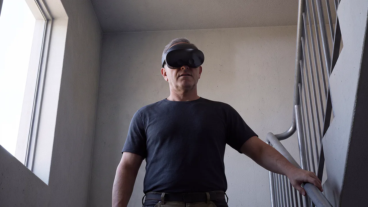 A facility manager pauses alone on the landing. A VR training scenario for aged care and disability services.