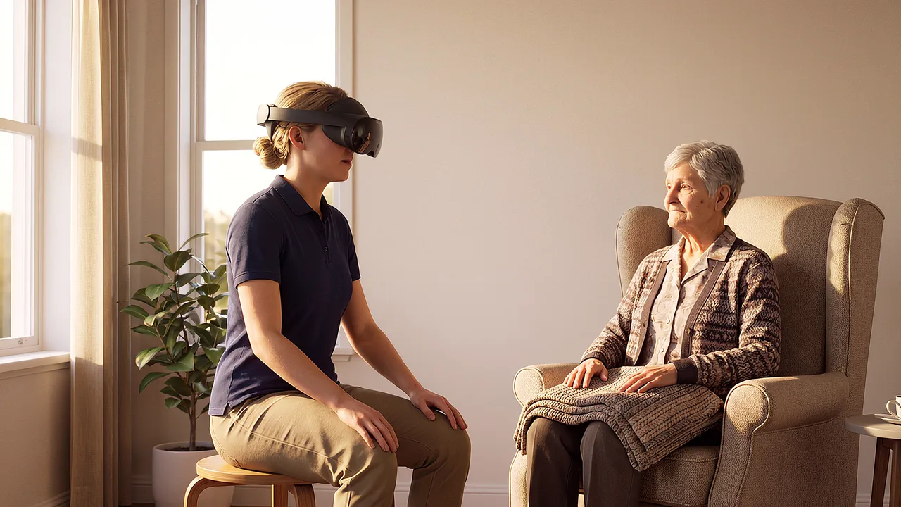 A support worker wearing a headset sits beside an older woman in a sunroom with plants at the window.