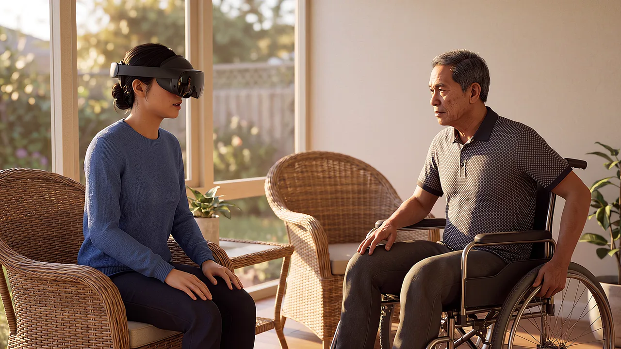 A wheelchair volunteer talks with a coordinator. A VR training scenario for aged care and disability services.