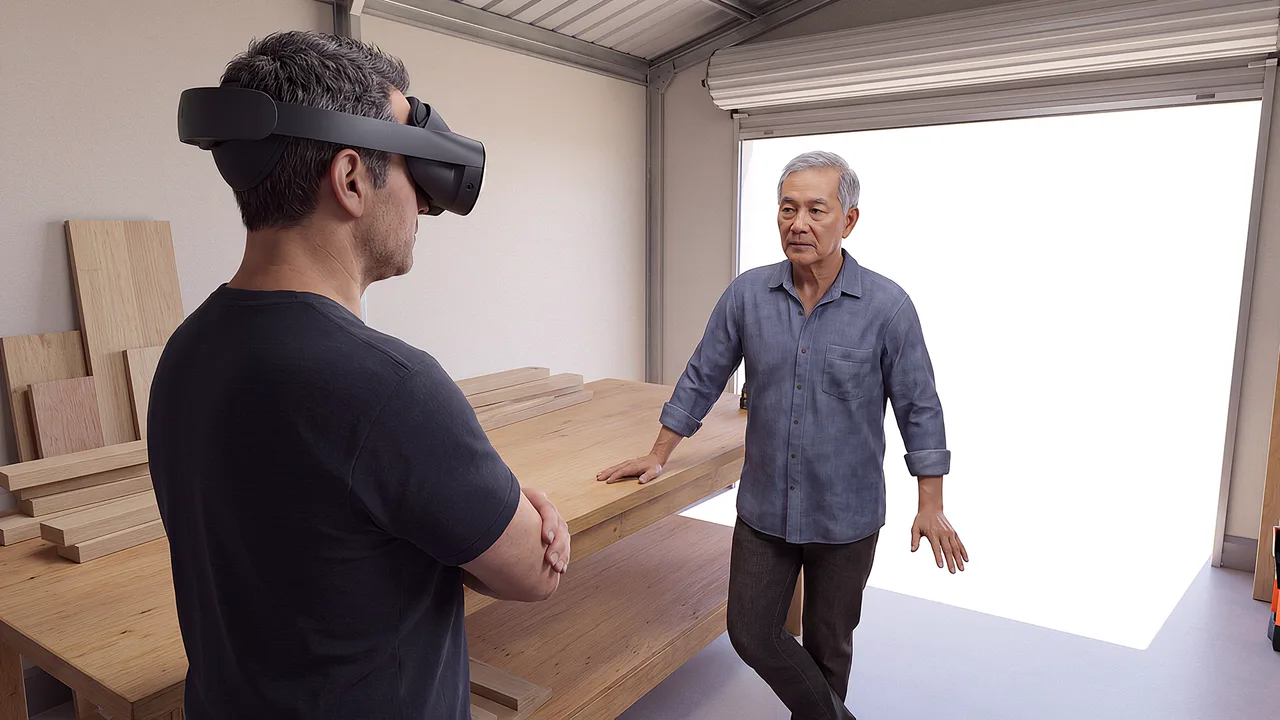 An instructor watches an older man working. A VR training scenario for aged care and disability services.