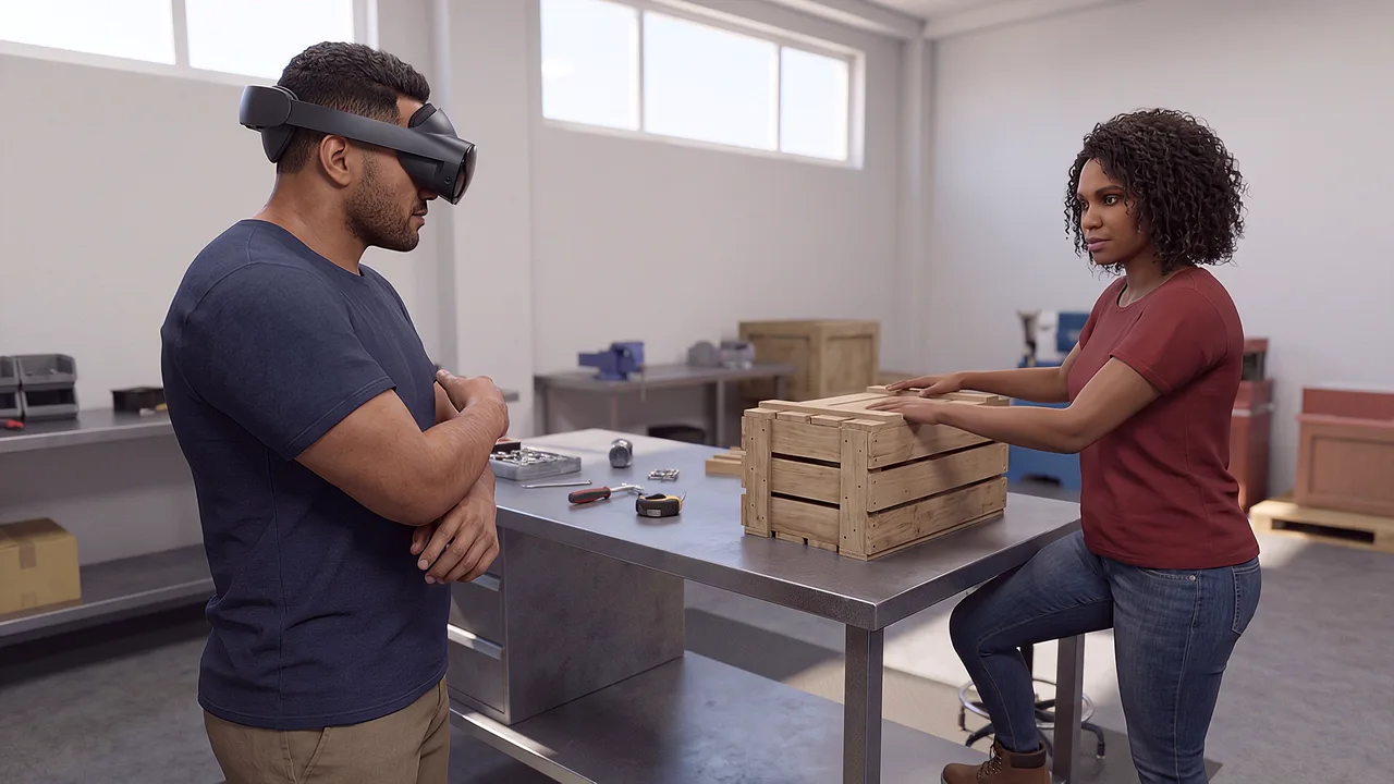 A VR aged care and disability services training scenario in which a job coach stands beside a worker resting her hands on a crate in a workshop.