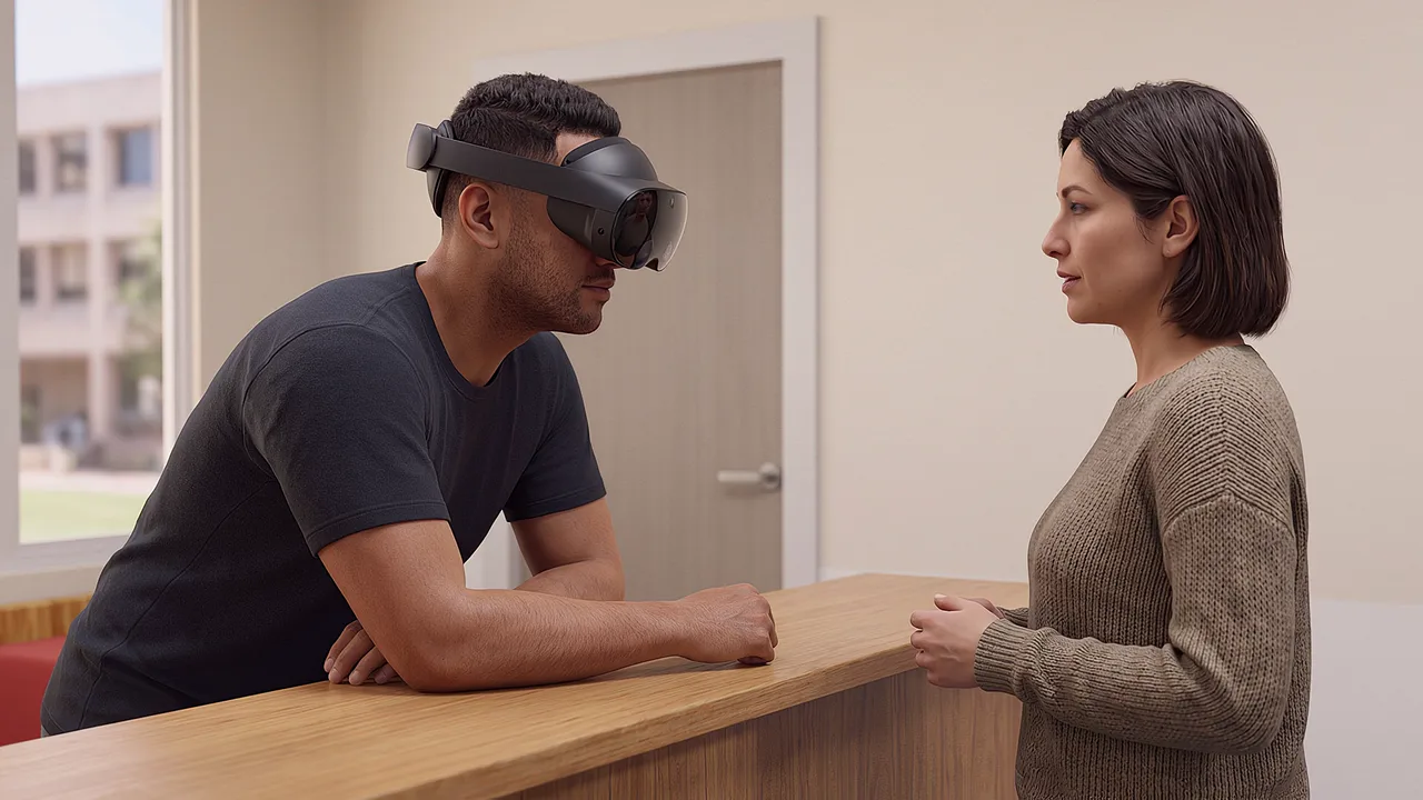 An enrolment officer talks with a visitor. A VR training scenario for education.