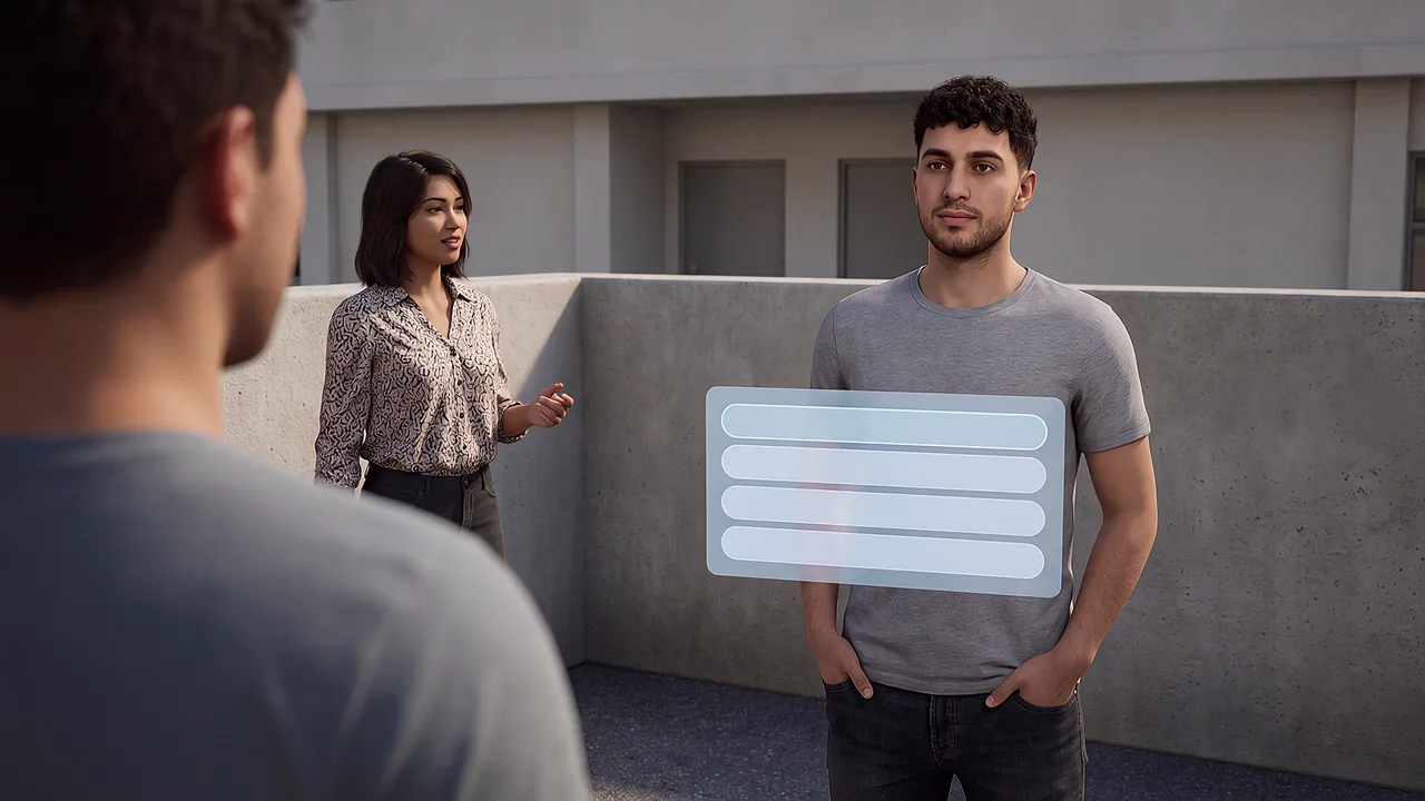 Two prospective students talk in a campus courtyard. A first person VR training scenario for education, seen through the headset.