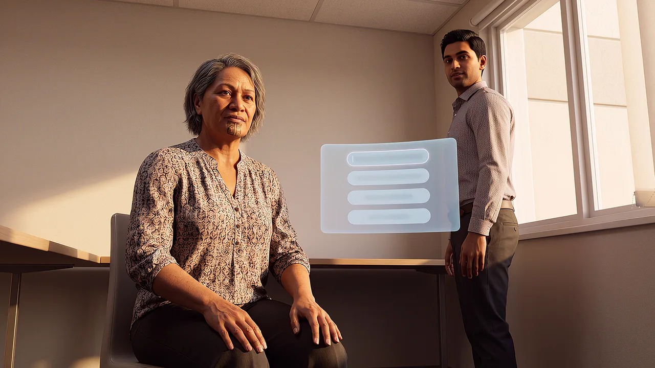 A mentor teacher meets a junior colleague. A first person VR training scenario for education, seen through the headset.