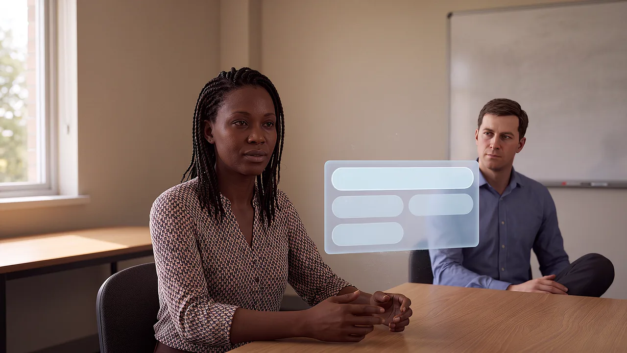 Two colleagues talk in a staff meeting room, seen through the headset, a floating panel of replies between them.