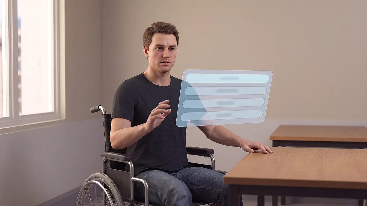 A wheelchair user raises a hand during class. A first person VR training scenario for education, seen through the headset.