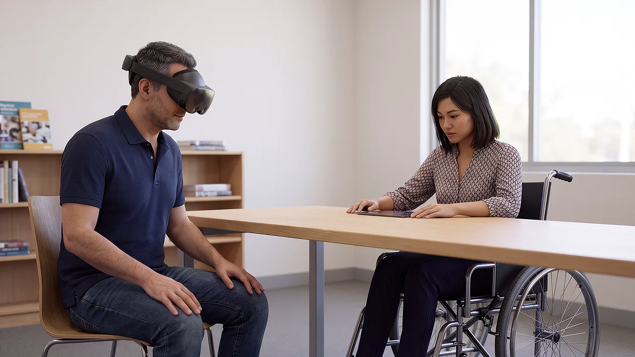 A support worker sits beside a wheelchair user. A VR training scenario for education.