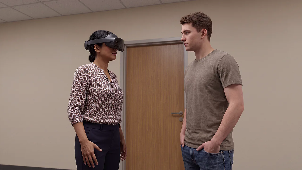 A lecturer and student talk in the hallway. A VR training scenario for education.