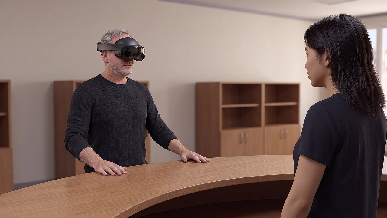 A librarian and student talk across the counter. A VR training scenario for education.