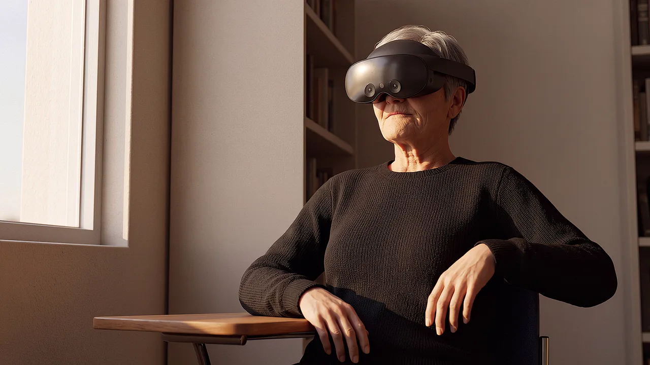 A mature-age student studies alone in the library. A VR training scenario for education.